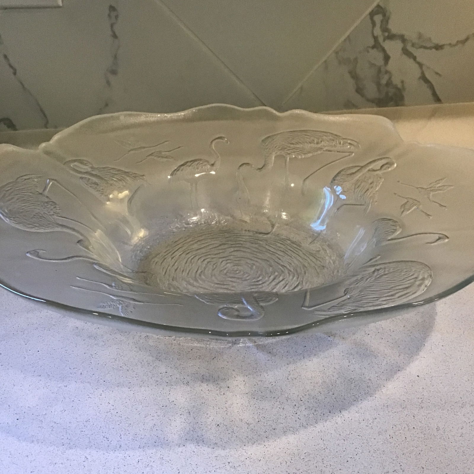 Flamingo Glass Bowl Vintage 1990's Etched Raised Embossed Clear Glass Serving Bowl - 2