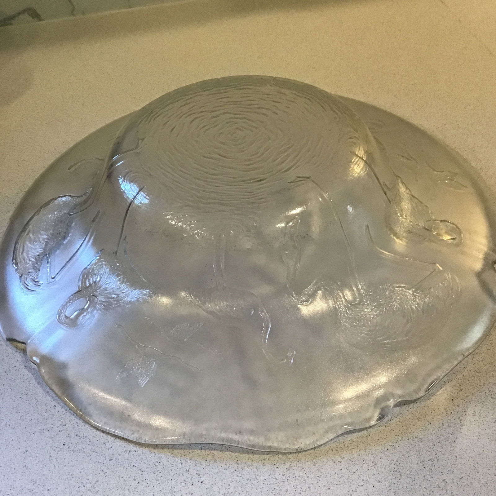 Flamingo Glass Bowl Vintage 1990's Etched Raised Embossed Clear Glass Serving Bowl - 6