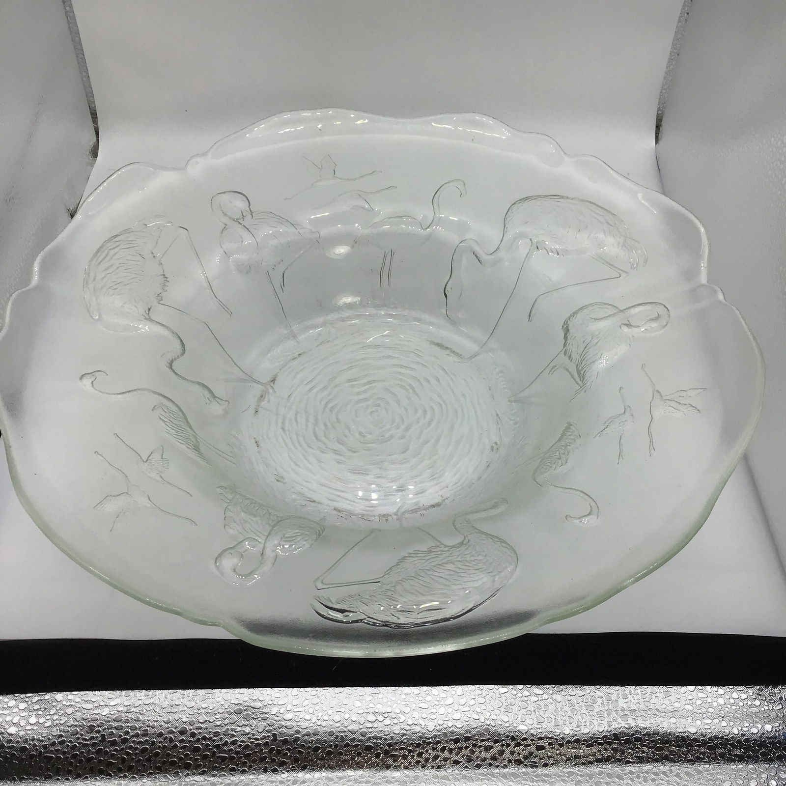Flamingo Glass Bowl Vintage 1990's Etched Raised Embossed Clear Glass Serving Bowl - 8