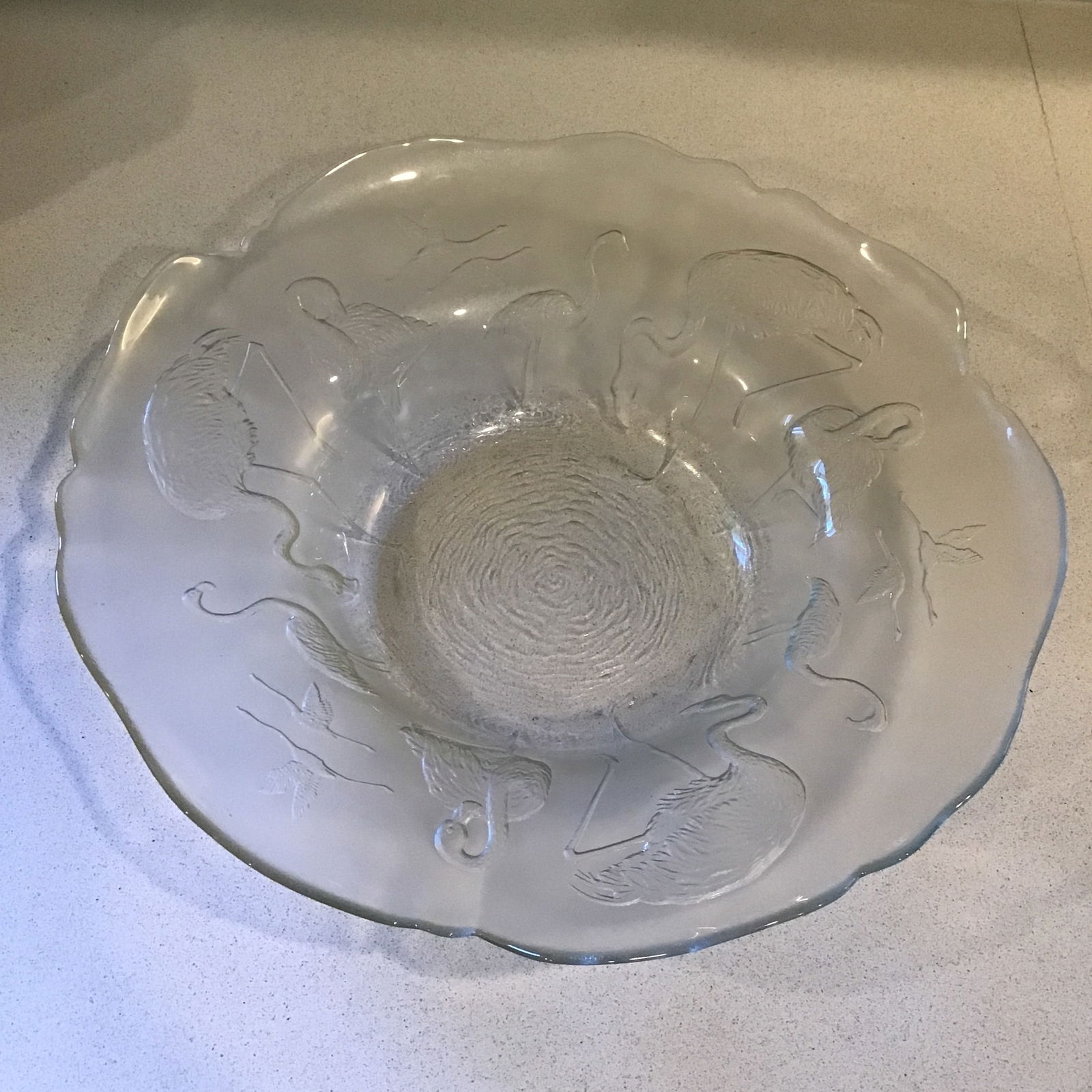 Flamingo Glass Bowl Vintage 1990's Etched Raised Embossed Clear Glass Serving Bowl - 9