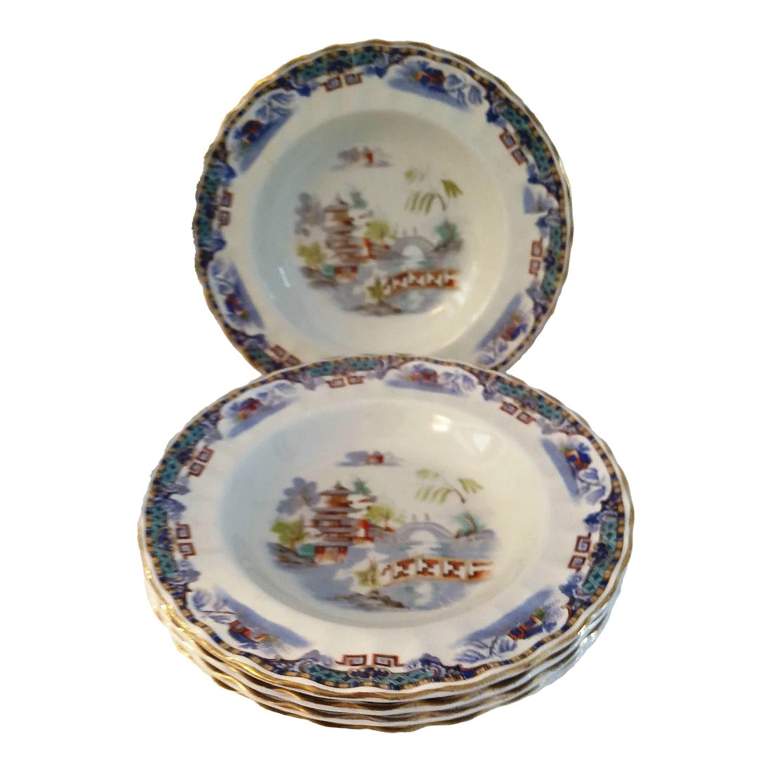 Mid-Century Chinese Porcelain Scenic Bowls, Set of 5: Lovely set of five porcelain bowls depicting a tranquil Asian scene in center with ornate scalloped gold rims. No maker's mark. Charming for a mix and match look with dinnerware in similar colors. 