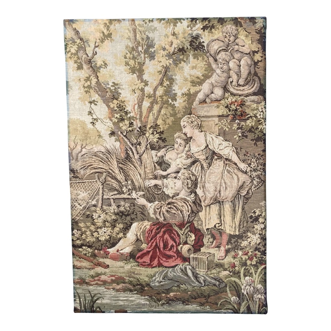 Mid 20th C Aubusson Style Inspired by Francis Boucher Vertical Verdure Romantic Wall Tapestry: Large Aubusson style romantic verdure tapestry inspired by FranÃ§ois Boucher. A master painter/artist; Boucher's contributions to the art world have been plentiful. This tapestry is no