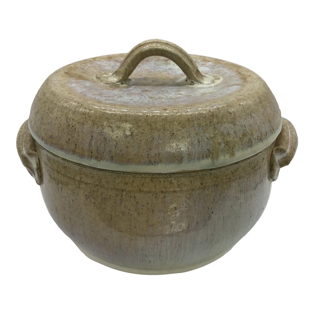 Signed Stoneware Lidded Crock Cookware Vintage Rustic Ceramic Pottery Lidded Fired Dish 1974 Signed: Vintage 1974 signed pottery jar with lid Signed on bottom Amazing one of a kind pot Baking or stovetop Stew Pot Rice Dish Pebble brown and beige glaze Removable lid with handle Bowl has two handles on