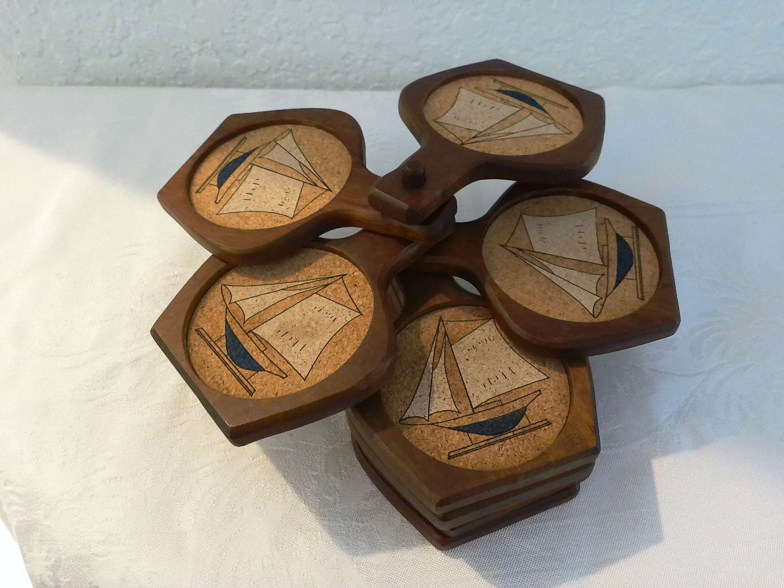 1970s Wood Model Boat Coasters with Holder, 9 Pieces - 3