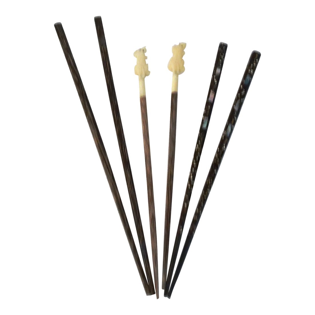 Mid-Century Asian Chopsticks, Set of 6: Cool set of six mid-century chopsticks in three patterns. Set includes a pair of lacquer wood chopsticks with inlaid Abalone shell, a pair of Zebra wood chopsticks and a pair of Zebra wood chopsticks