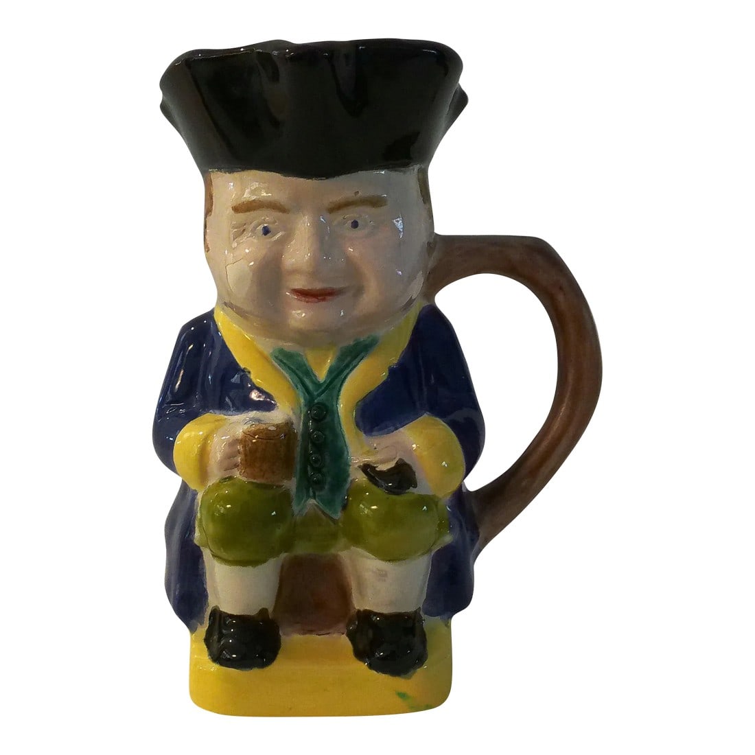 Mid-Century Americana Ceramic Toby Pitcher: Charming mid-century ceramic handled colorful petite Toby pitcher. No maker's mark. Condition: Alterations: Original Condition Unaltered Imperfections: Some Imperfections Condition Notes: crazing