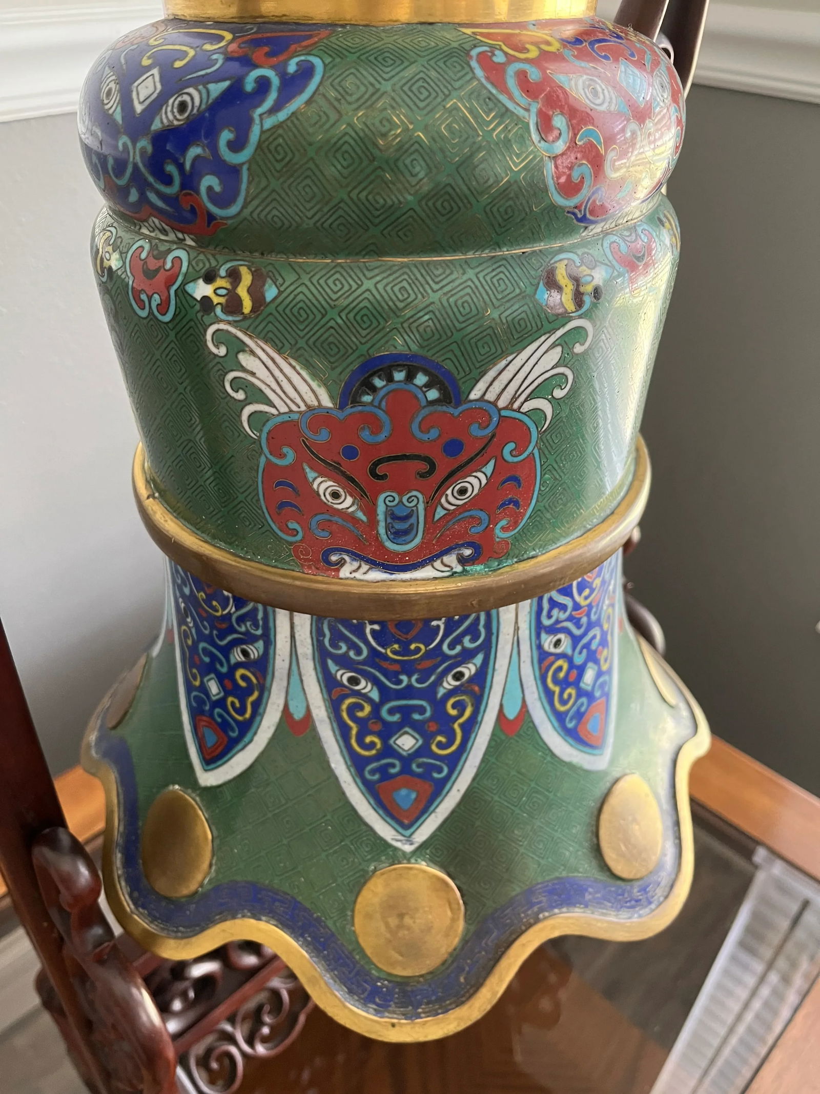 C 1900 Large Chinese Cloisonné Enamel Bell With Stand - 2