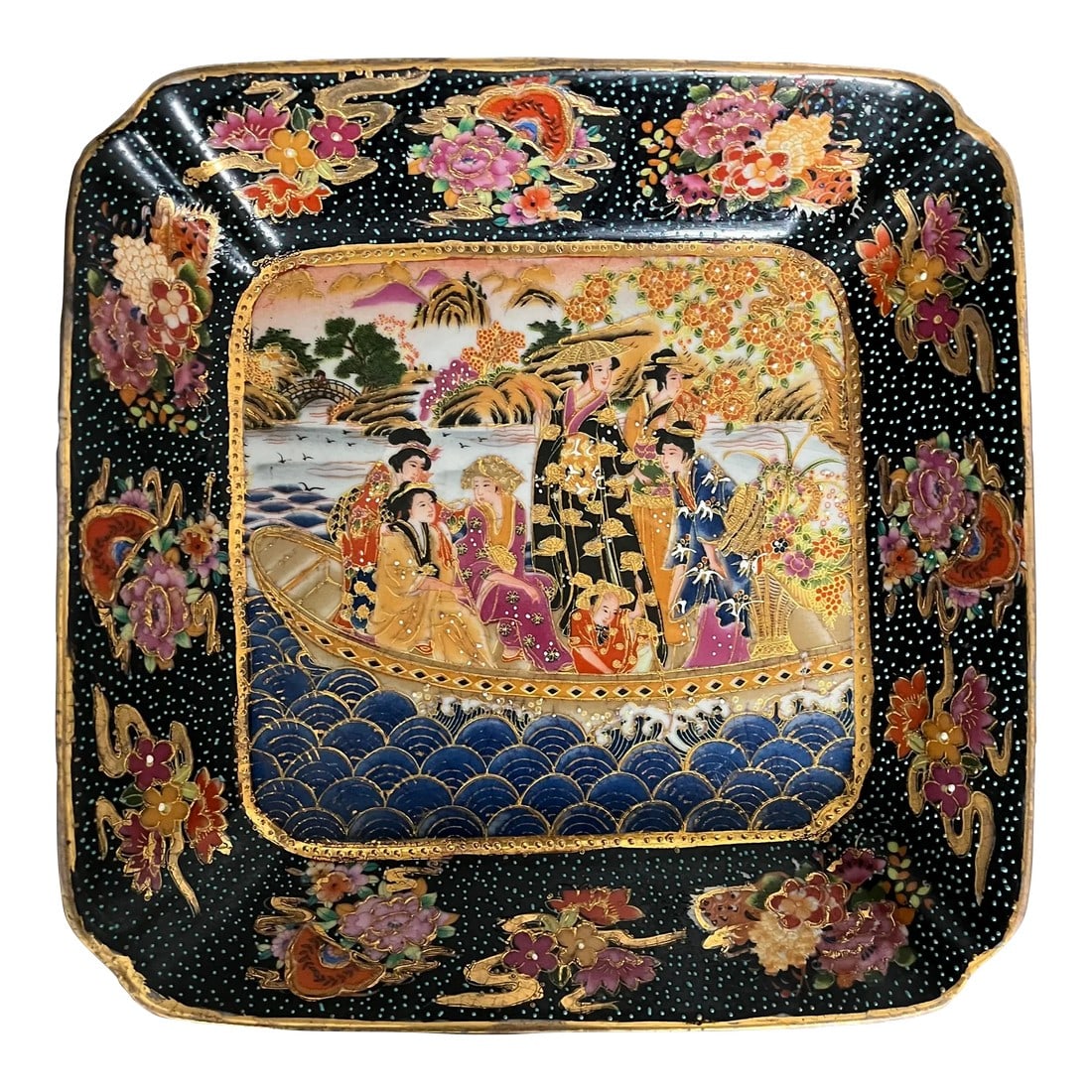 Mid 20th Century Royal Satsuma Handpainted Moriage Plate With Geishas: Royal Satsuma pottery is so beautiful- this particular piece is so vibrantly colored you cannot HELP but admire it. Lovely geishas in a boat, perhaps on a lake; you can see in the background that