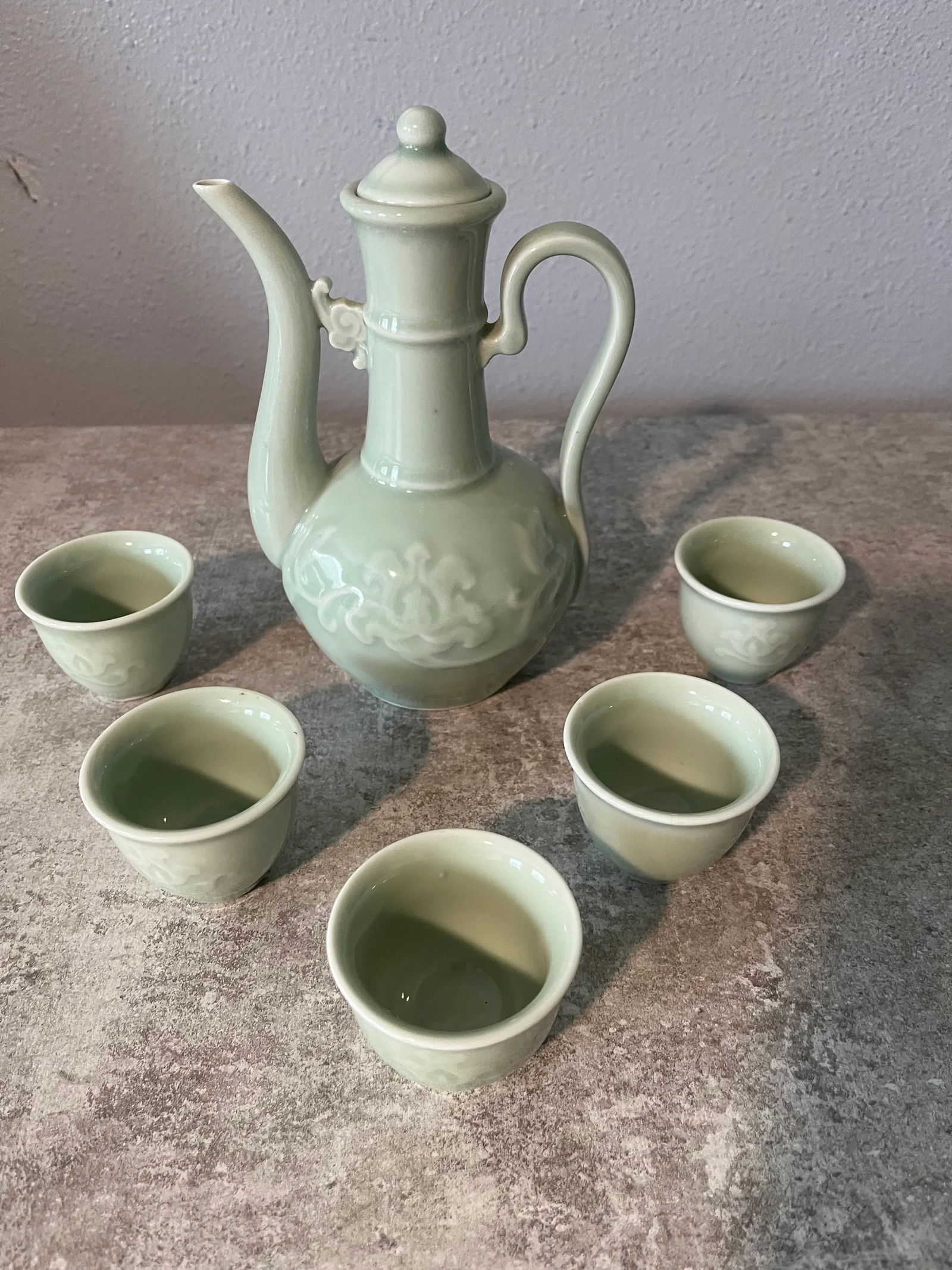 Late 20th Century Celadon Lotus Design Tea Set- 7 Pieces - 6