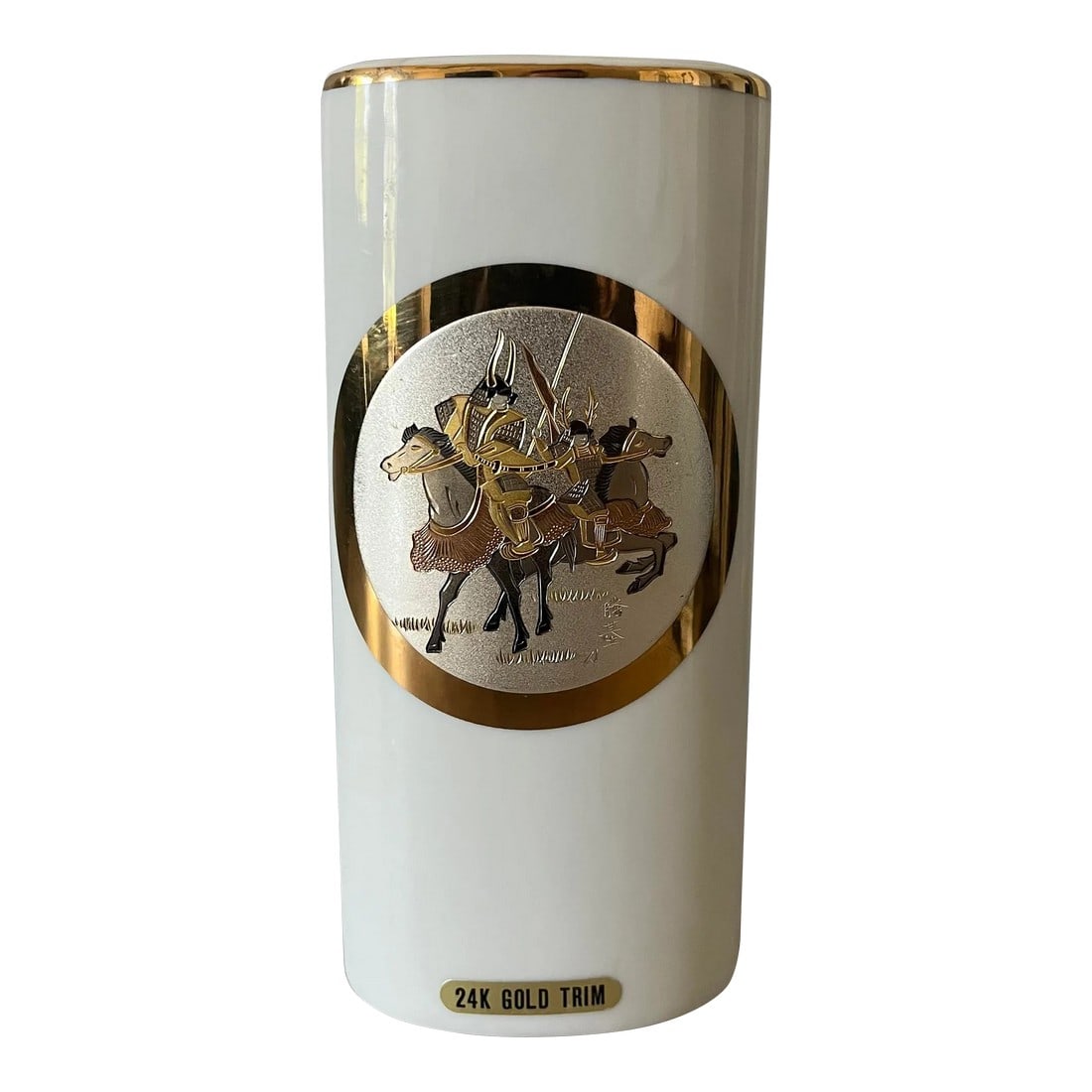 1950s Samurai Chokin Vase Accented With 24k Gold Trim: Absolutely excellent depiction of 2 Samurai warriors on horseback. There is an intense amount of movement in a very small space- to look at it makes one wonder: are they wheeling around to fight?