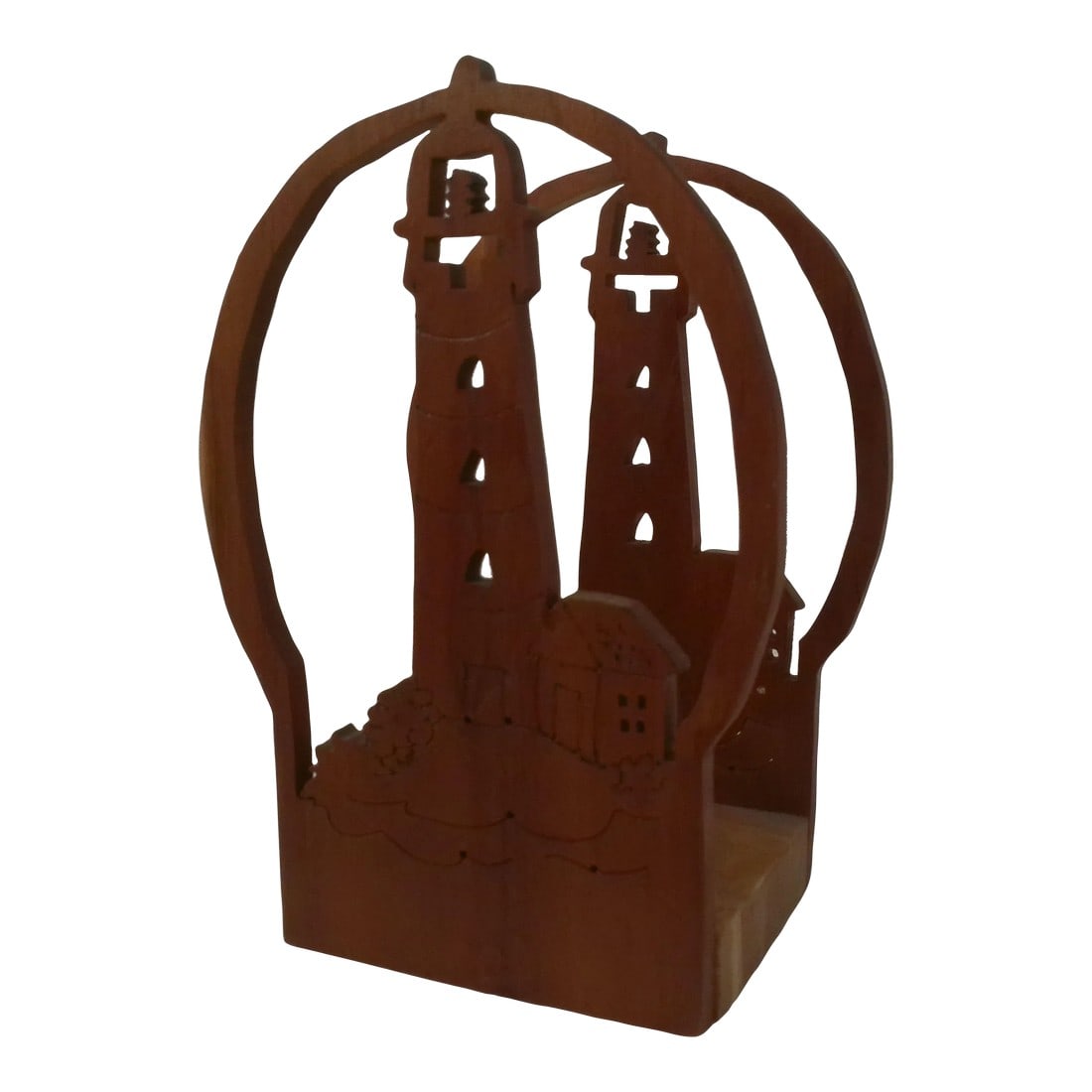 Hand-Made Wood Lighthouse Napkin Holder: Charming hand-made wood napkin holder featuring a cut-out lighthouse. Condition: Alterations: Original Condition Unaltered Imperfections: Some Imperfections Condition Notes: minor wear Dimensions: