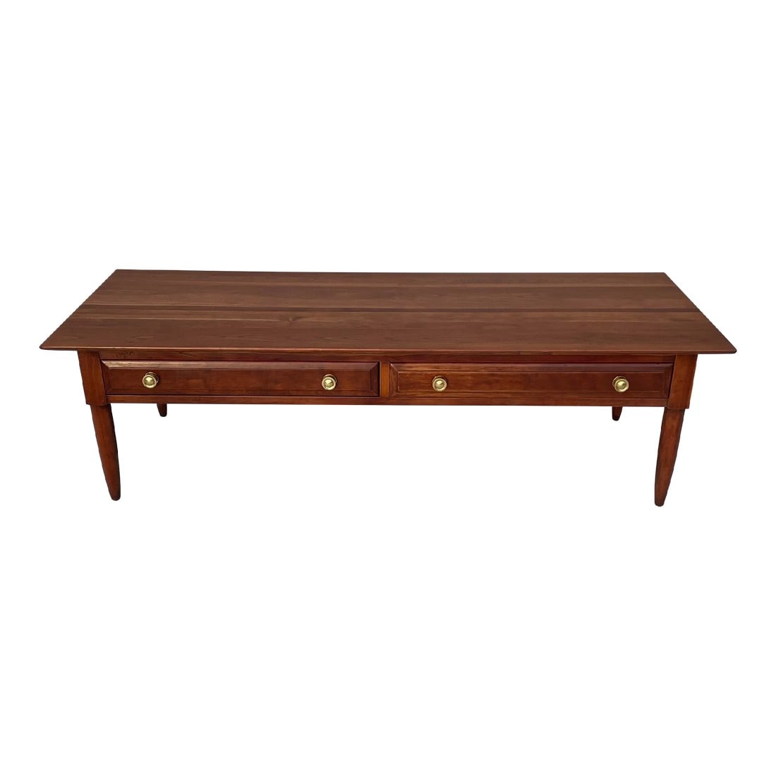 Mid Century / Traditional Solid Cherry Willett Coffee Table: Solid cherry Willett coffee table recently professionally refinished using Osmo oil. This is quite the interesting table because it has two drawers that open on both sides of the table. Made by