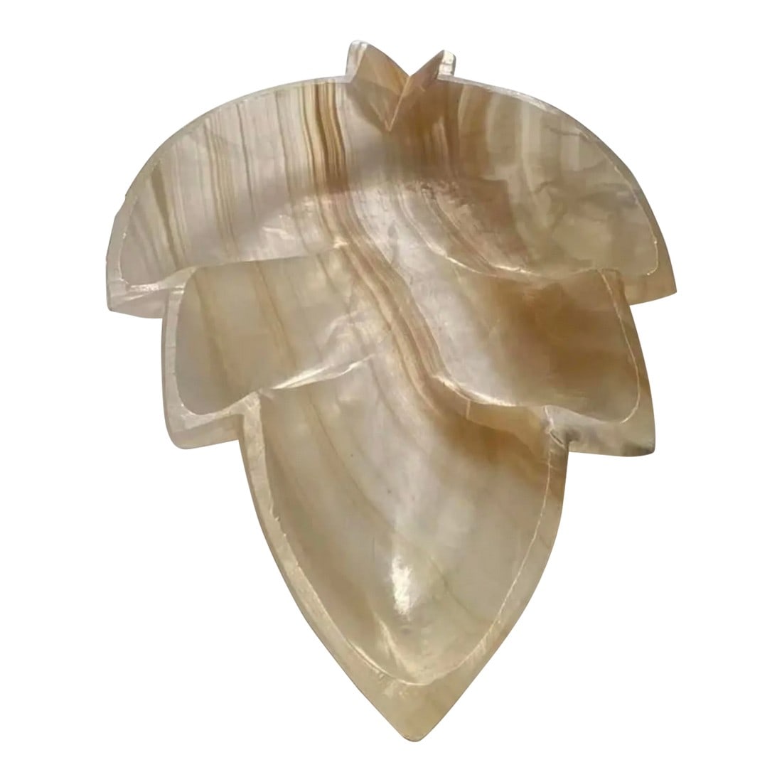 1950s Large Onyx Leaf Shaped Catchall- Italy: Beautifully marbled onyx leaf catchall can- and will- add an element of unexpected grace and charm wherever you choose to use utilize it, perhaps on a foyer table or a side table in your living room.