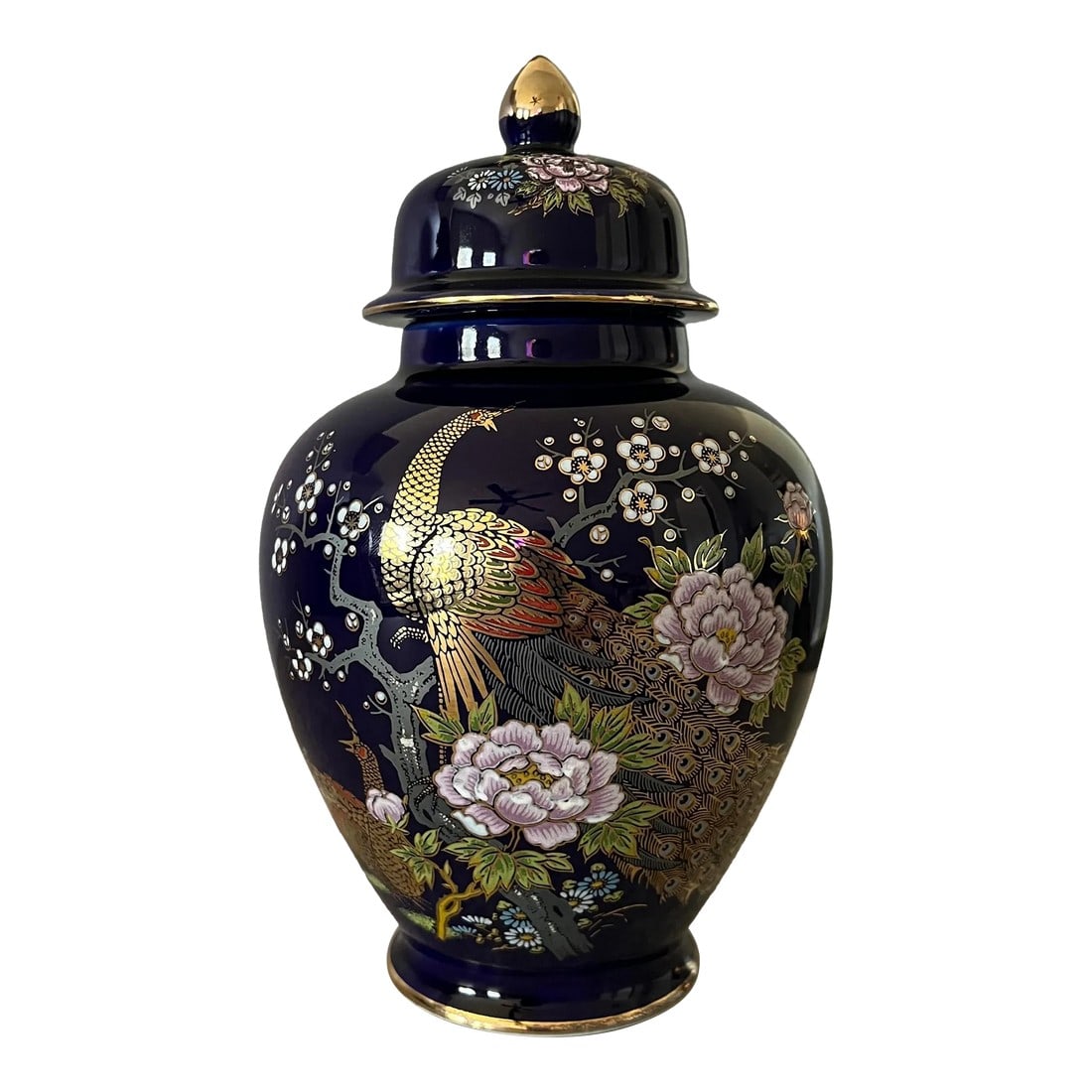 Mid 20th Century Japanese Kutani Cobalt Blue Peacock and Cherry Blossom Ginger Jar: Kutani is a style of Japanese porcelain, all of which is handpainted by master artisans. Some of the pieces are kiln fired for hours multiple times to bring the artist's specific vision to life. For