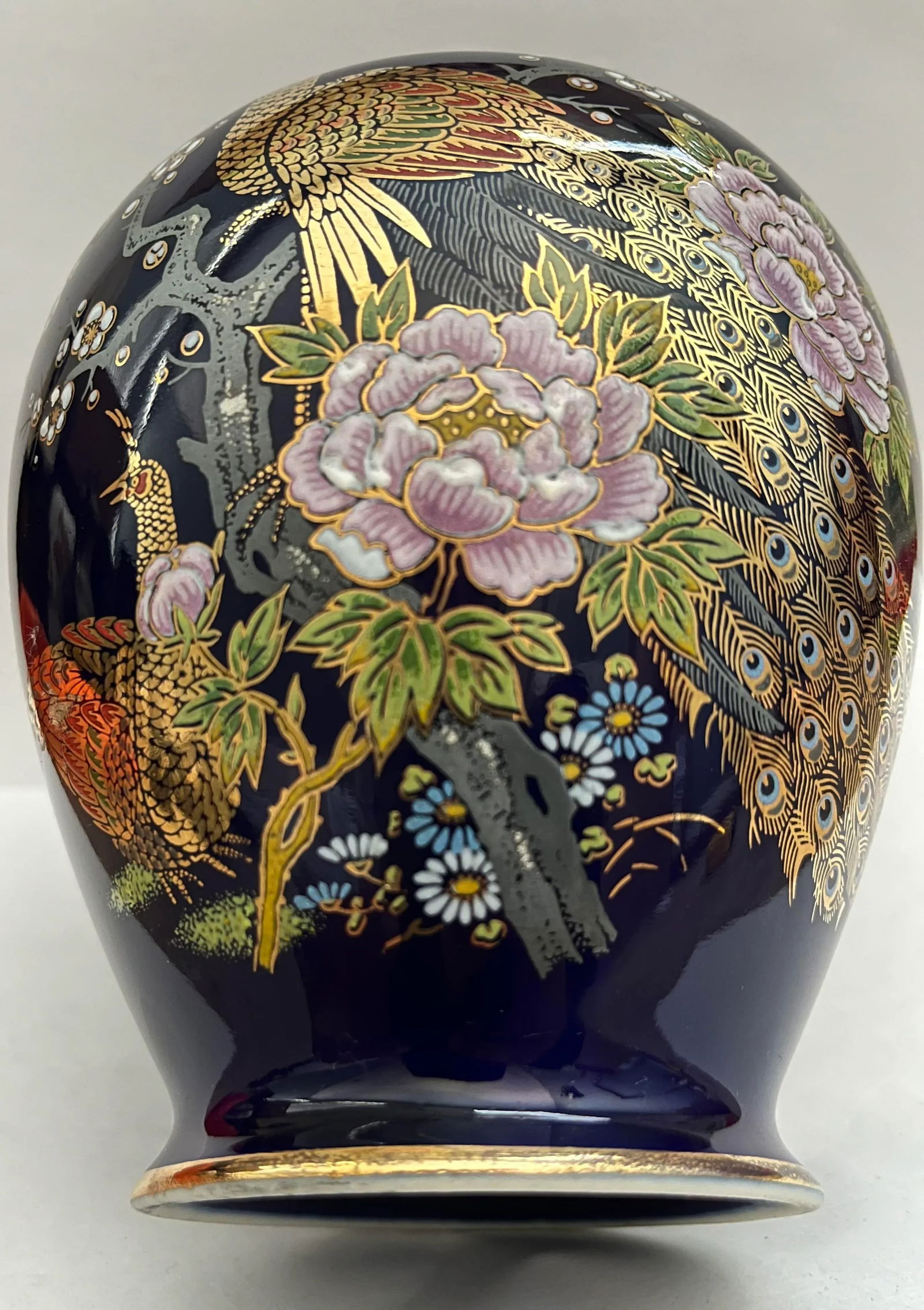 Mid 20th Century Japanese Kutani Cobalt Blue Peacock and Cherry Blossom Ginger Jar - 4