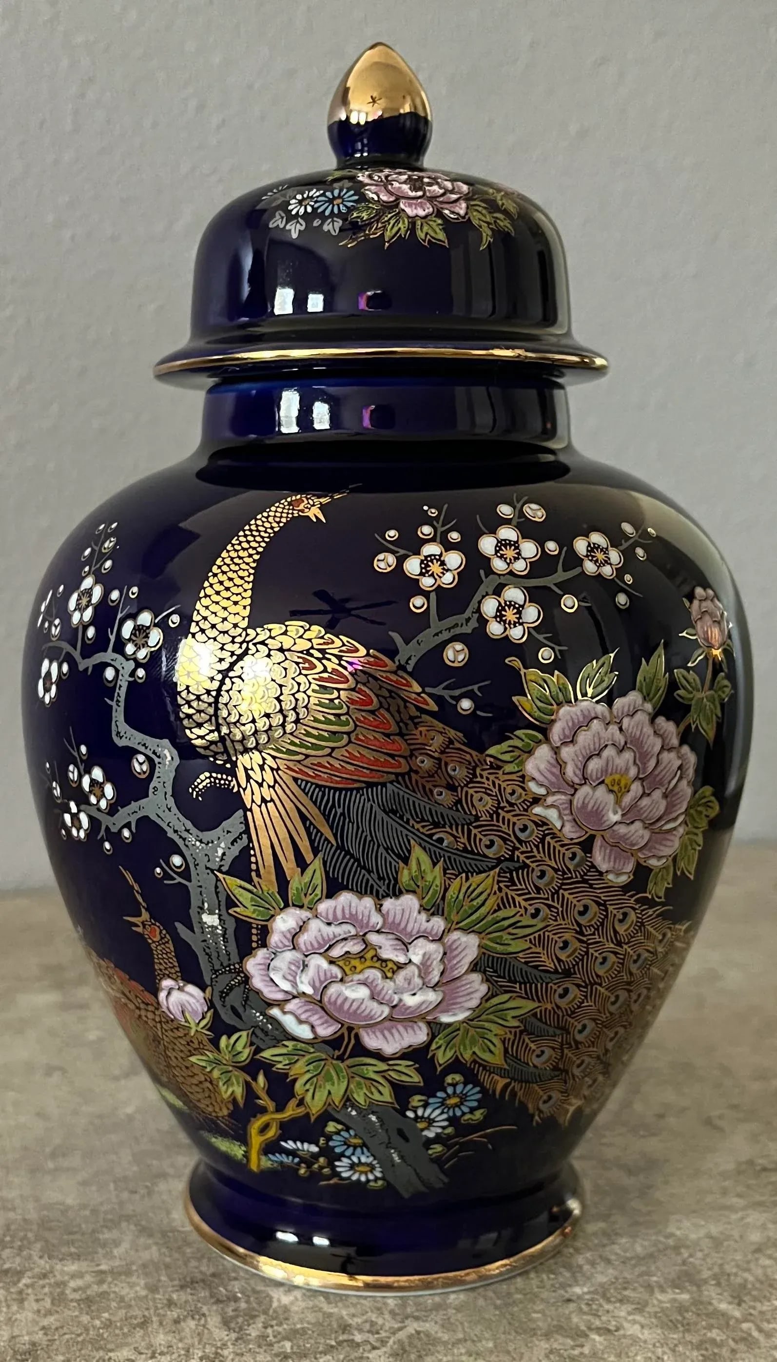 Mid 20th Century Japanese Kutani Cobalt Blue Peacock and Cherry Blossom Ginger Jar - 6
