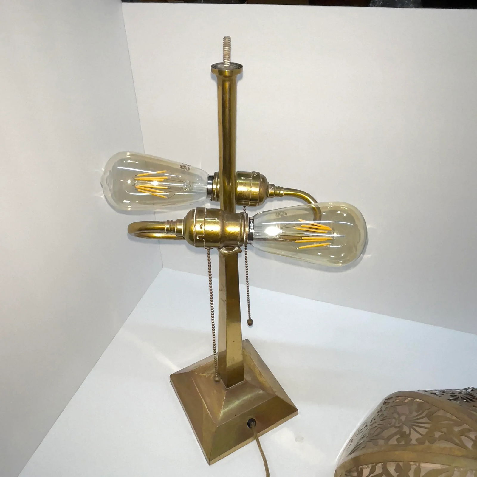 Circa 1920s Antique Brass Lamp With Reticulated Brass Lampshade - 11