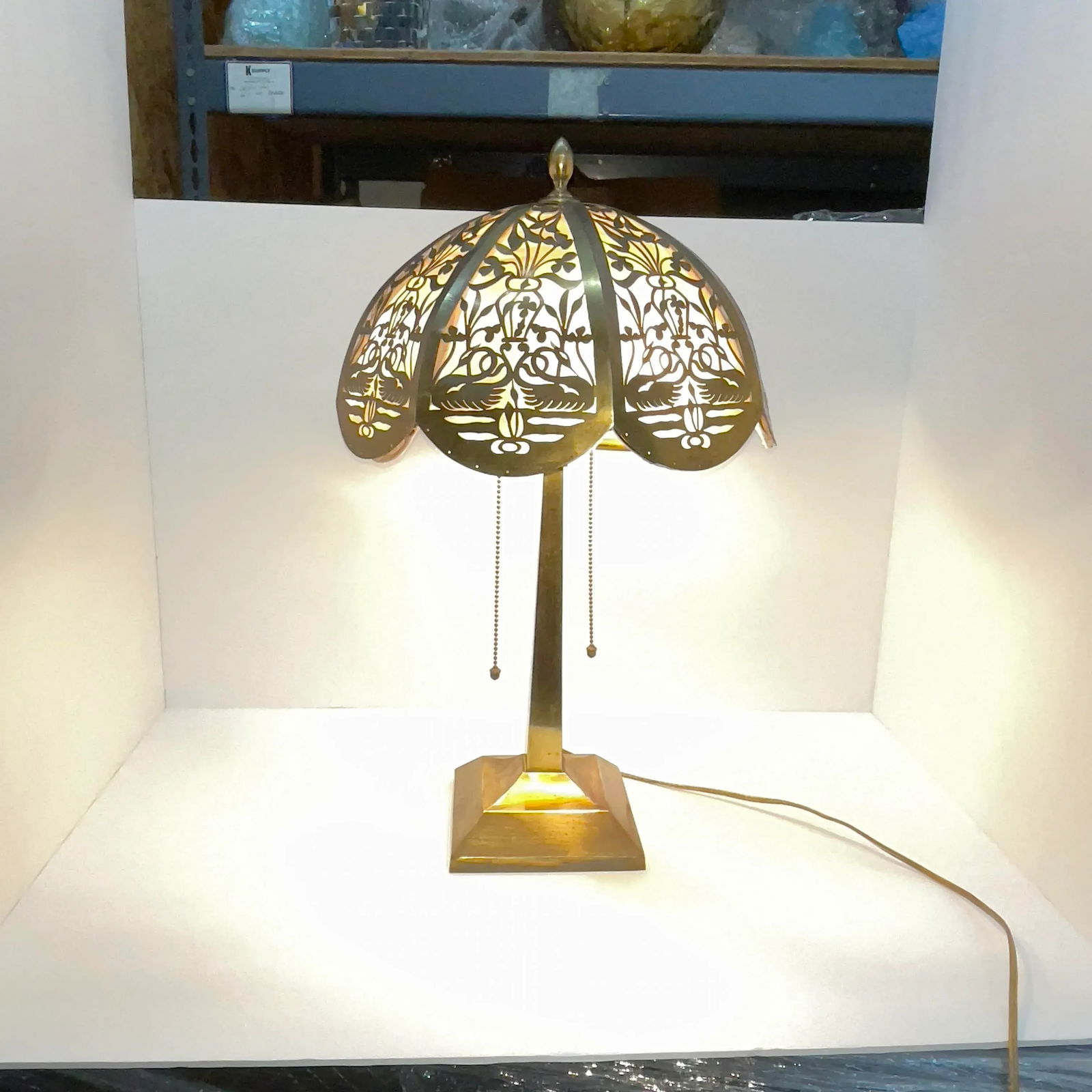 Circa 1920s Antique Brass Lamp With Reticulated Brass Lampshade - 12
