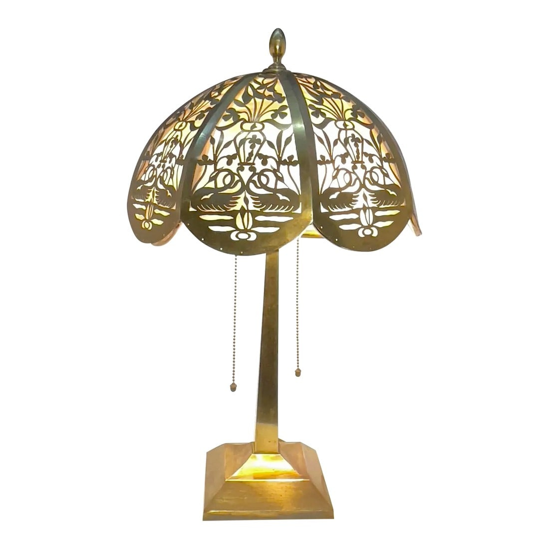 Circa 1920s Antique Brass Lamp With Reticulated Brass Lampshade: For your consideration is a fantastic brass table lamp with reticulated brass shade. I don't know about you but, I love pierced metal, ceramic, porcelain- anything pierced that has light shining