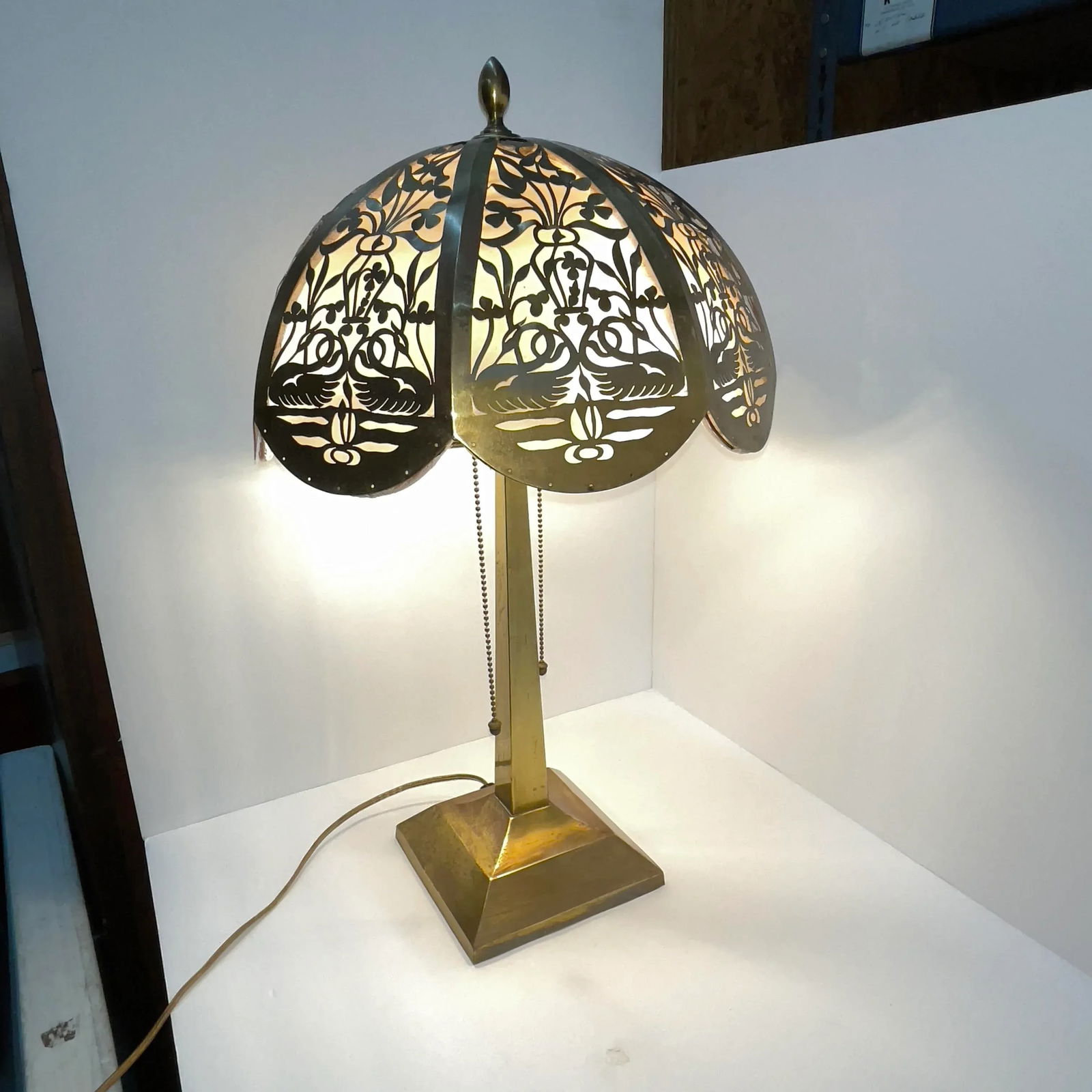 Circa 1920s Antique Brass Lamp With Reticulated Brass Lampshade - 2
