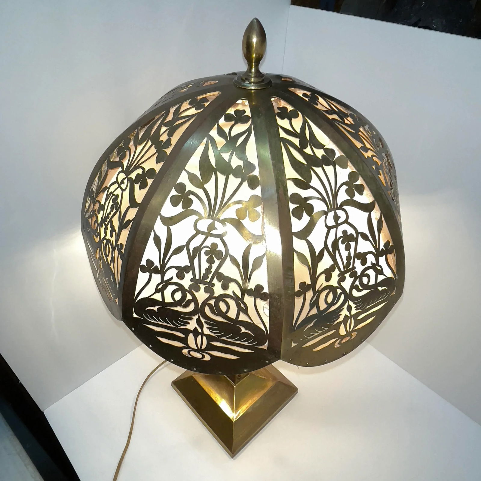 Circa 1920s Antique Brass Lamp With Reticulated Brass Lampshade - 6