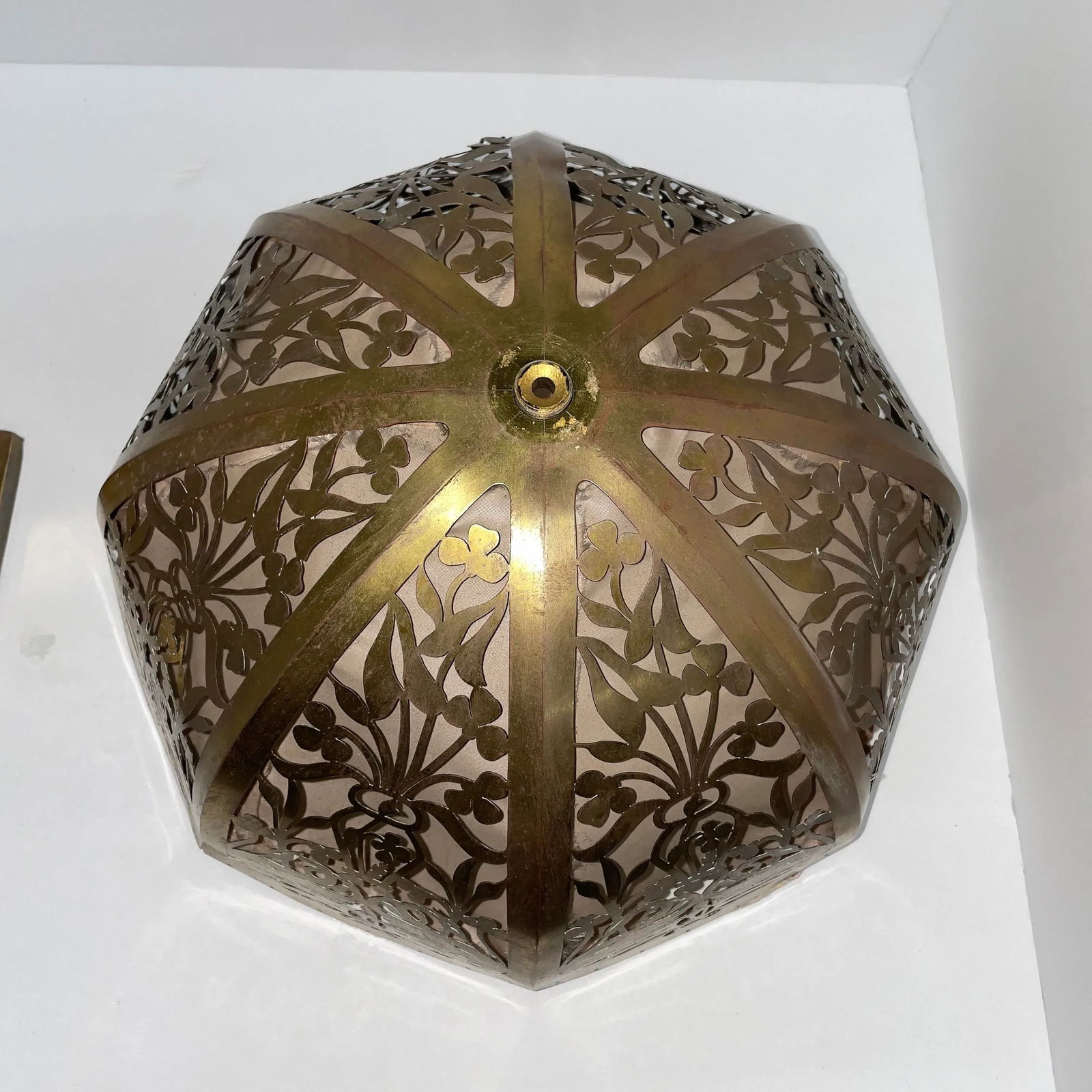 Circa 1920s Antique Brass Lamp With Reticulated Brass Lampshade - 8