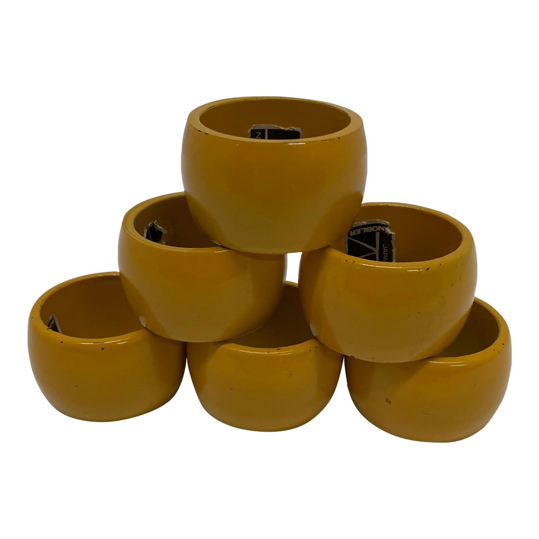Mid Century Modern Yellow Wooden Knobler Napkin Rings- Set of 6: Set of six yellow wooden napkin rings in great shape. Made in Japan circa 1950s or 1960s. Condition: Alterations: Original Condition Unaltered Imperfections: Some Imperfections Condition Notes: As