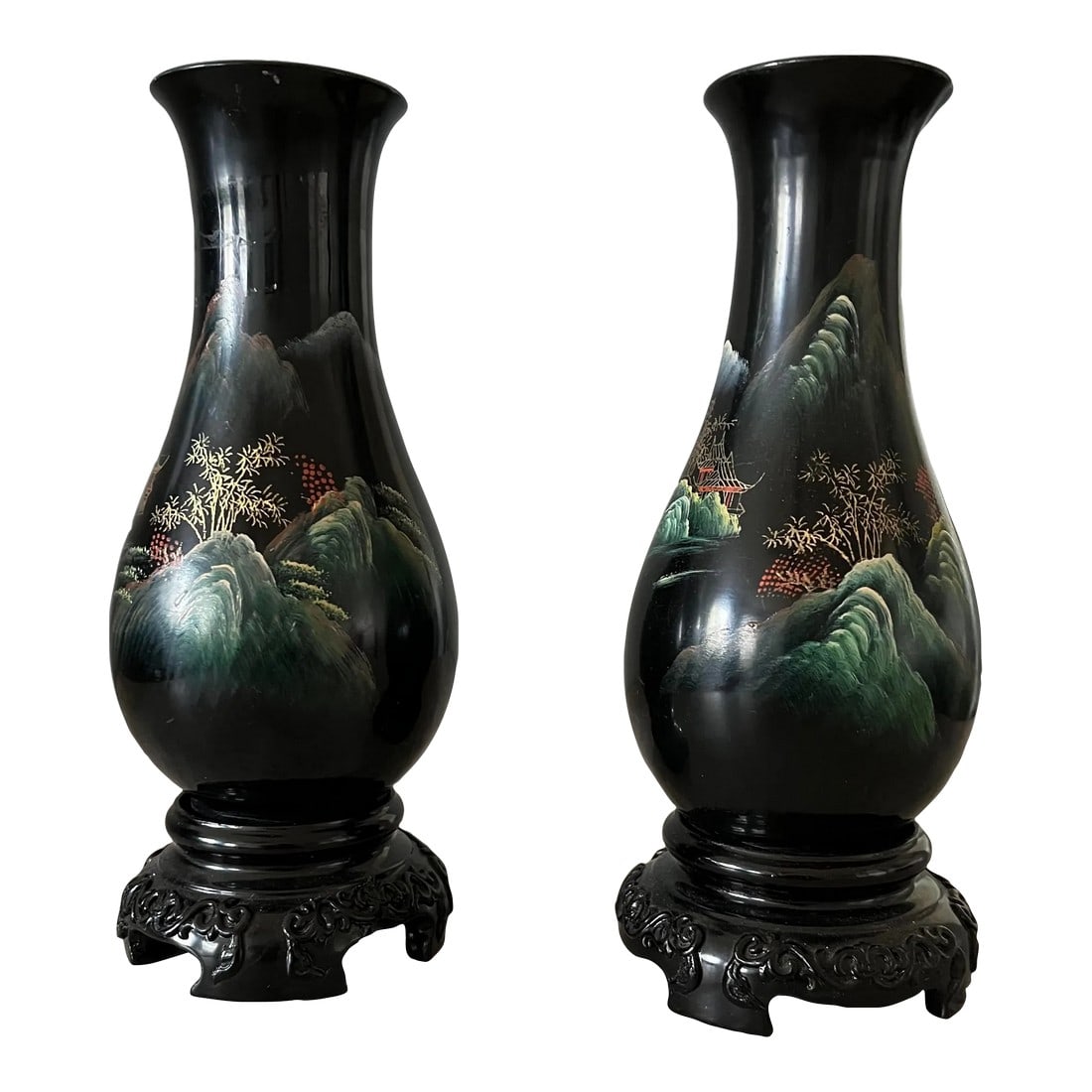 1980s Chinese Hand-Painted Foochow Vases- a Pair: Absolutely beautiful brushstrokes on these two petite lacquerware vases. Display or function, your choice. They are light, beautifully detailed, an excellent addition to any Foochow vase collection!