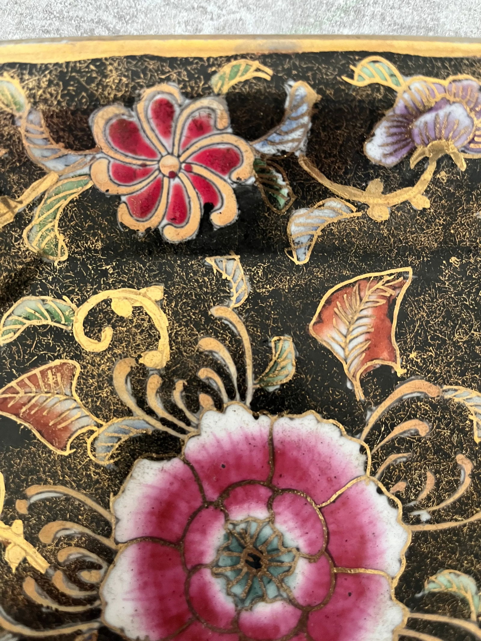 1970s Chinese Peony Decorative Plate With Cloisonné Detail- Marked - 2