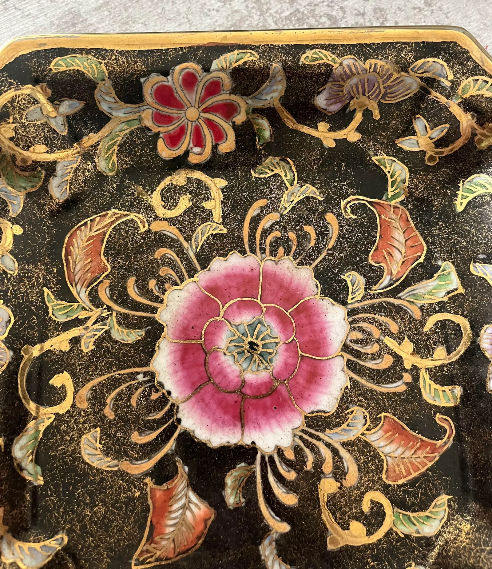 1970s Chinese Peony Decorative Plate With Cloisonné Detail- Marked - 7