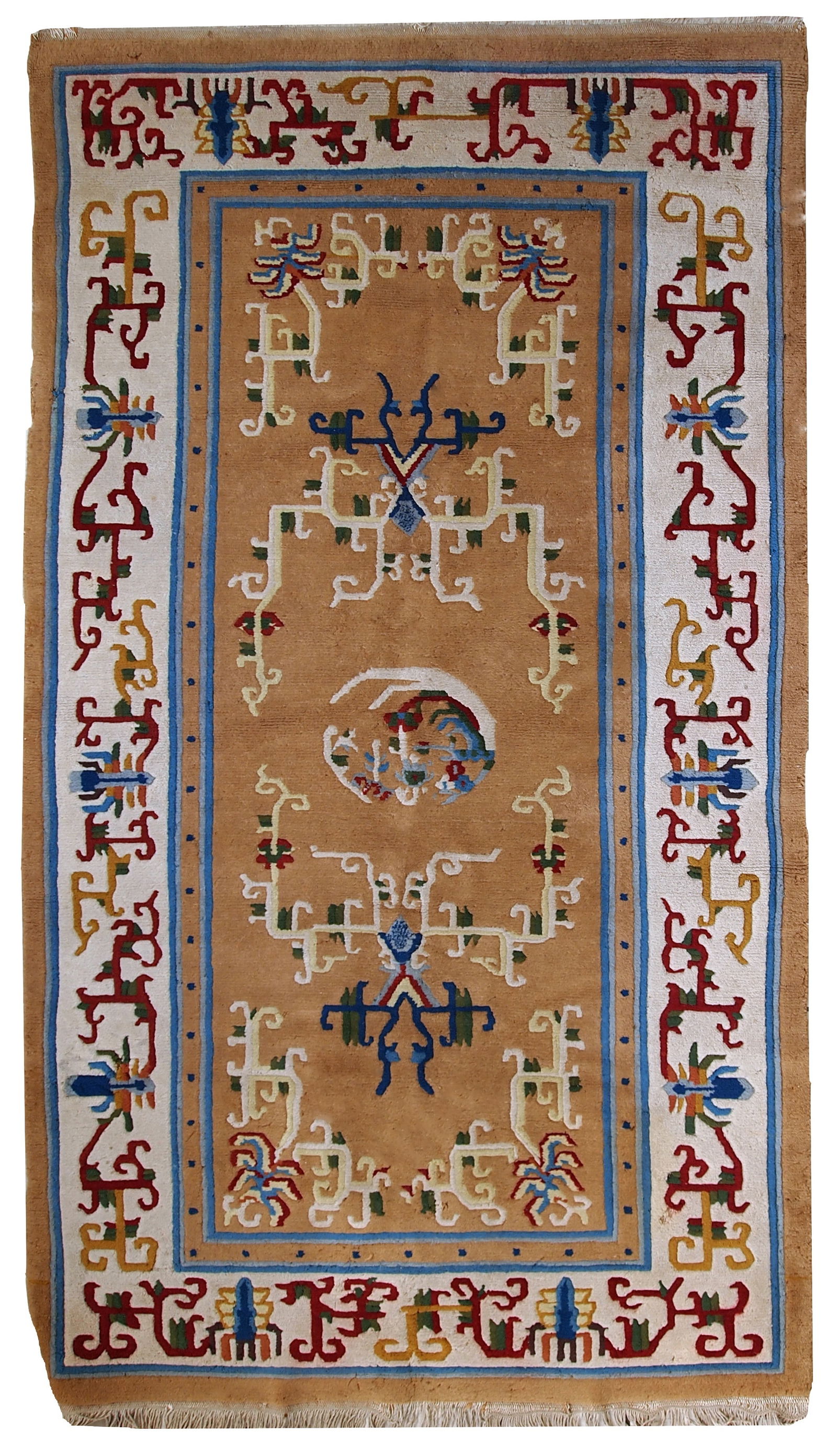 Handmade vintage Art Deco Chinese rug 3.9' x 6.9' ( 120cm x 213cm ) 1960s: Title:Handmade vintage Art Deco Chinese rug 3.9' x 6.9' ( 120cm x 213cm ) 1960s Origin:China Dimension:3.9' x 6.9' ( 120cm x 213cm ) Materials:wool Year:1960s Description:Vintage hand made Art Deco Ch