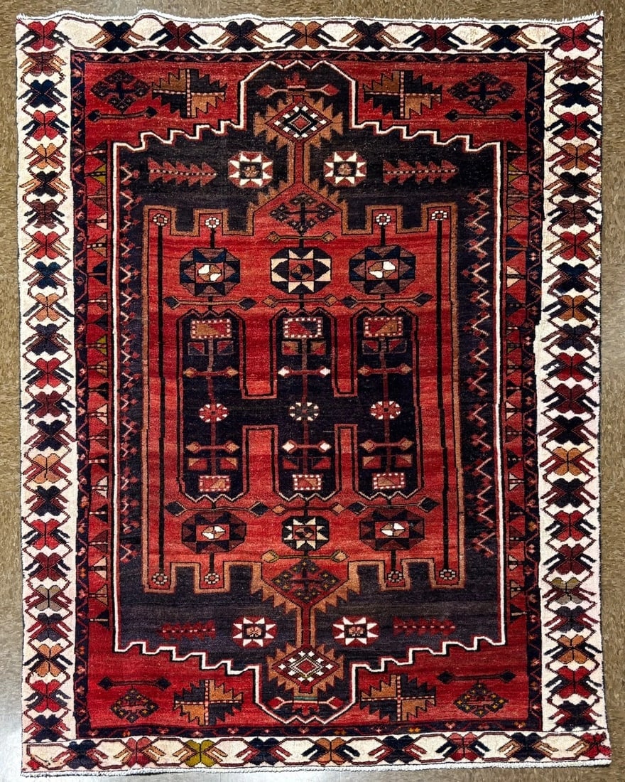 Hand-Knotted Persian Bakhtiari Tribal Geometric Wool Red Oriental Area Rug 5' x 6'11" - 12