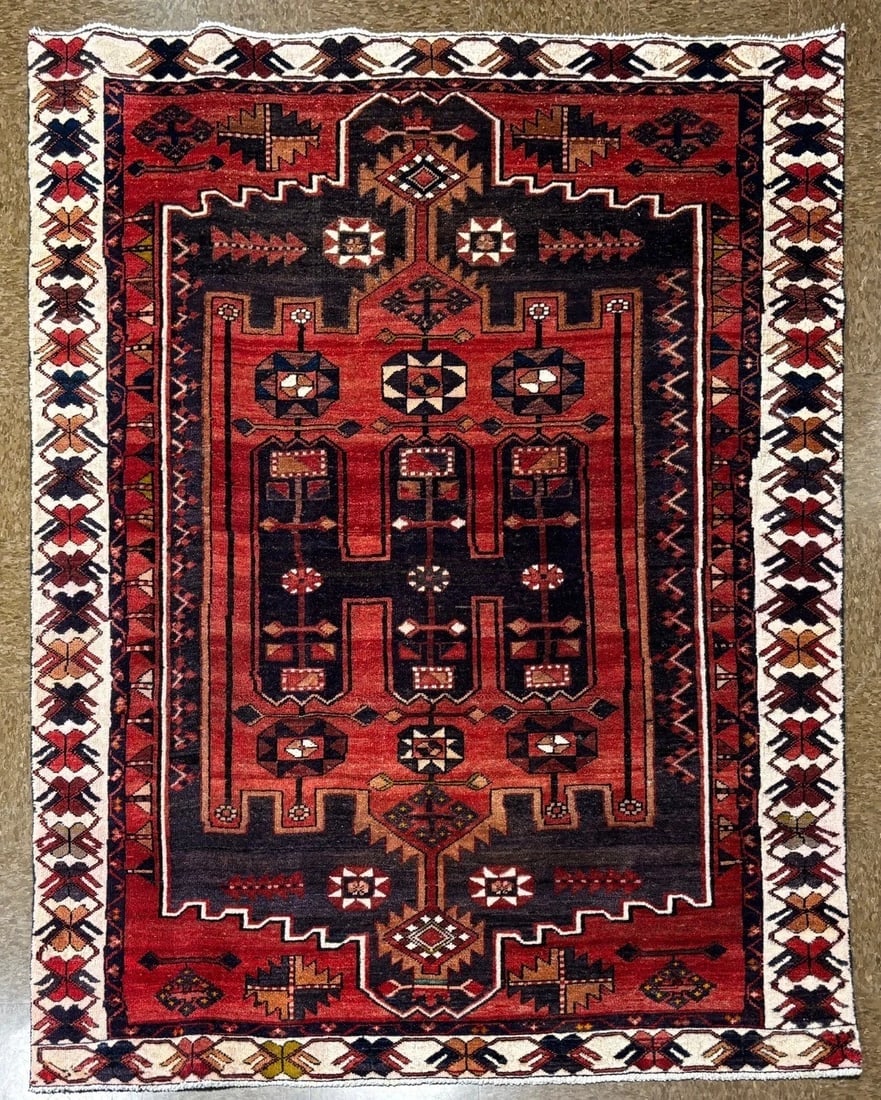 Hand-Knotted Persian Bakhtiari Tribal Geometric Wool Red Oriental Area Rug 5' x 6'11" - 2