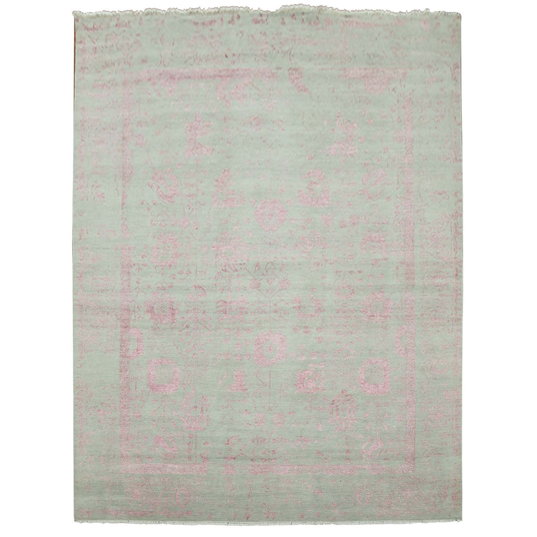 Sage Gray, Broken Erased Persian Design Wool and Silk Hand Knotted Rug: Title: Sage Gray, Broken Erased Persian Design Wool and Silk Hand Knotted RugDescription:This is a truly genuine one-of-a-kind. It has been Knotted for months and months in the centuries-old weaving