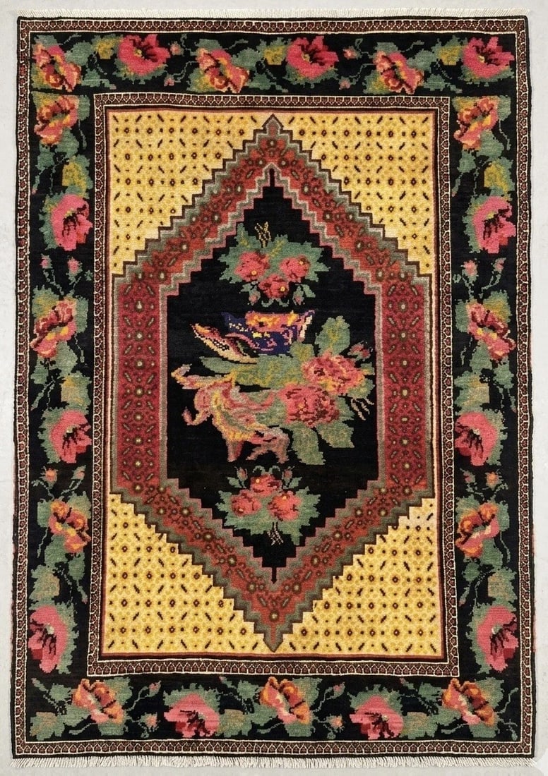 Hand Knotted Karabagh Tribal Wool Black Caucasian Oriental Rug 5' x 7'3" - 8