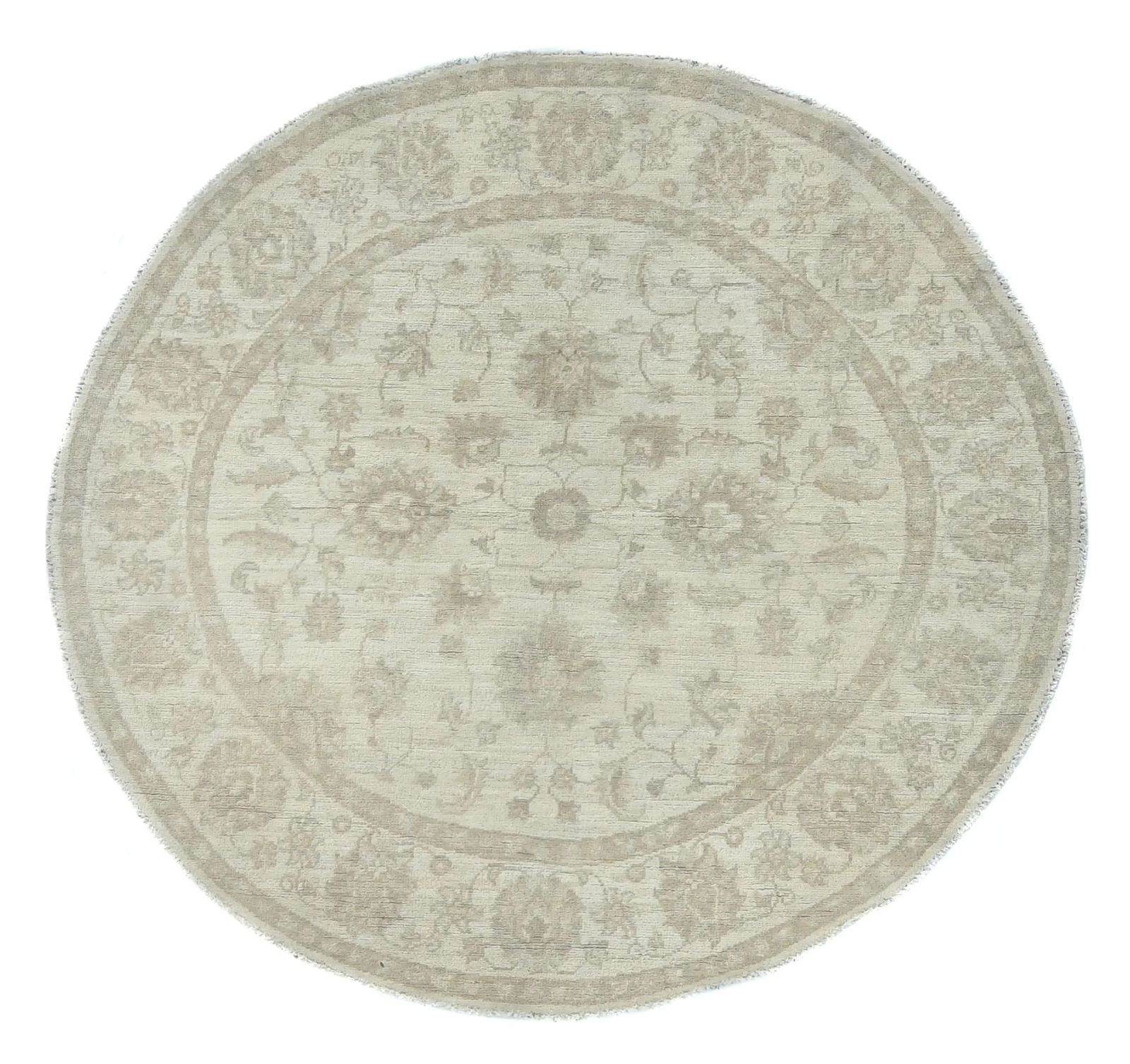 Muted Beige Floral Transitional 5x5 Oushak Oriental Round Rug: Title: Muted Beige Floral Transitional 5x5 Oushak Oriental Round RugDescription:Expertly hand-knotted in India using traditional craftsmanship techniquesElegant traditional style with a refined