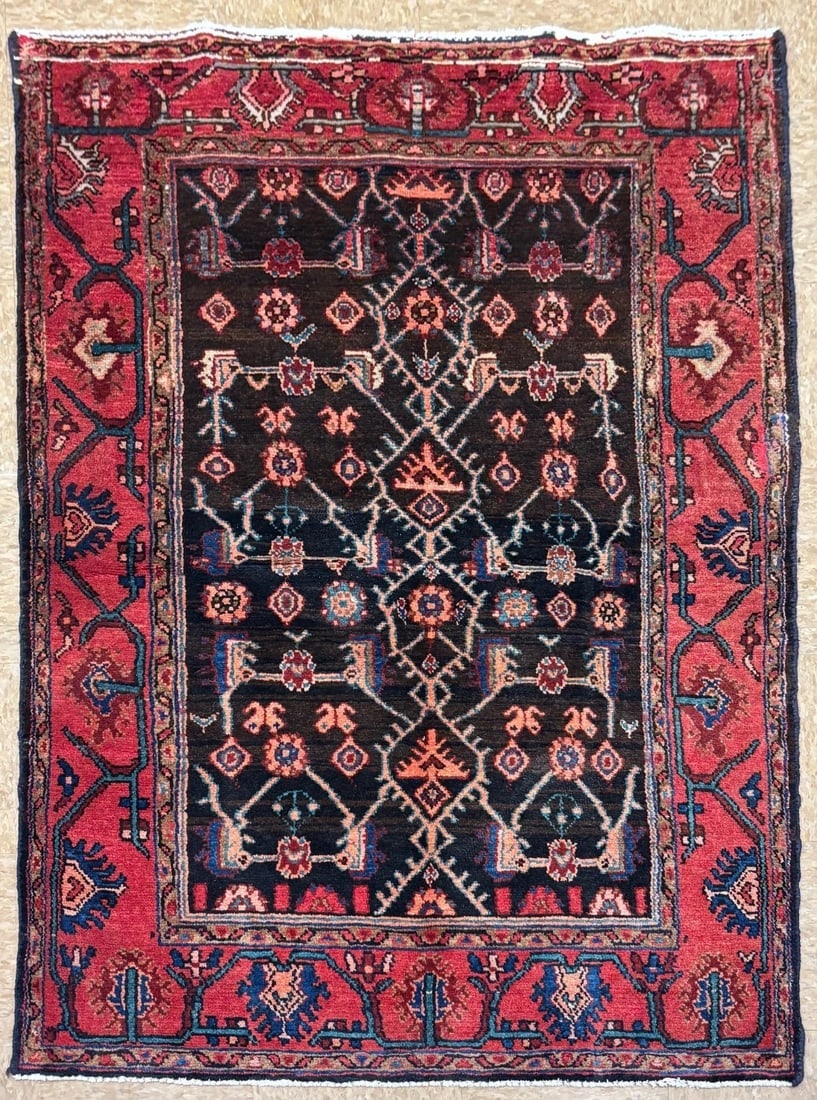 Hand-Knotted Persian Hamedan Wool Rug, Navy Geometric, 3'9" x 5'7" - 10