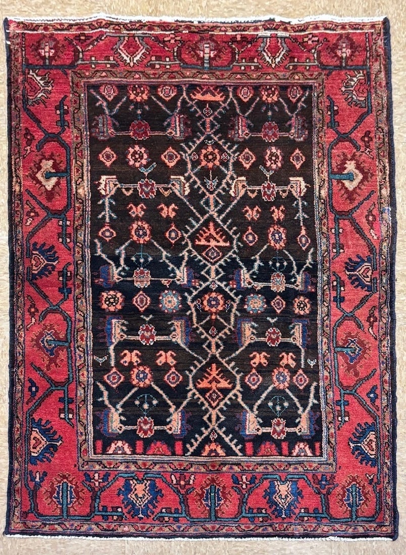 Hand-Knotted Persian Hamedan Wool Rug, Navy Geometric, 3'9" x 5'7" - 2