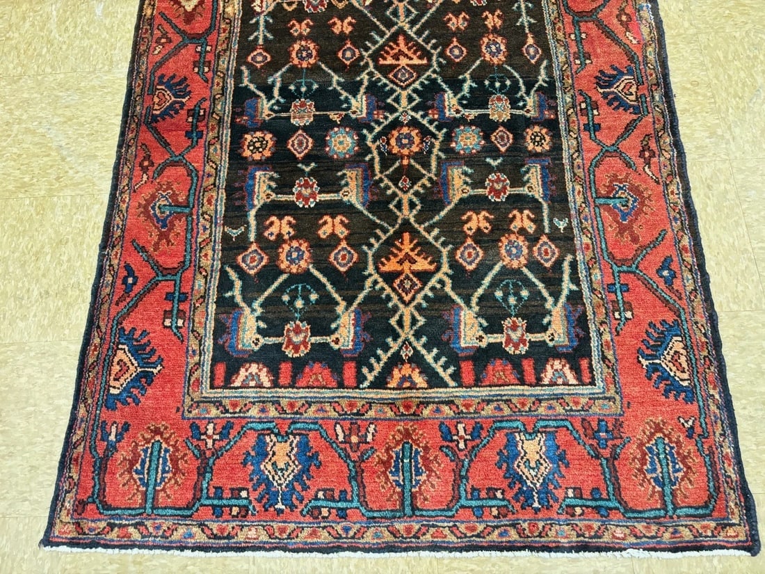 Hand-Knotted Persian Hamedan Wool Rug, Navy Geometric, 3'9" x 5'7" - 3