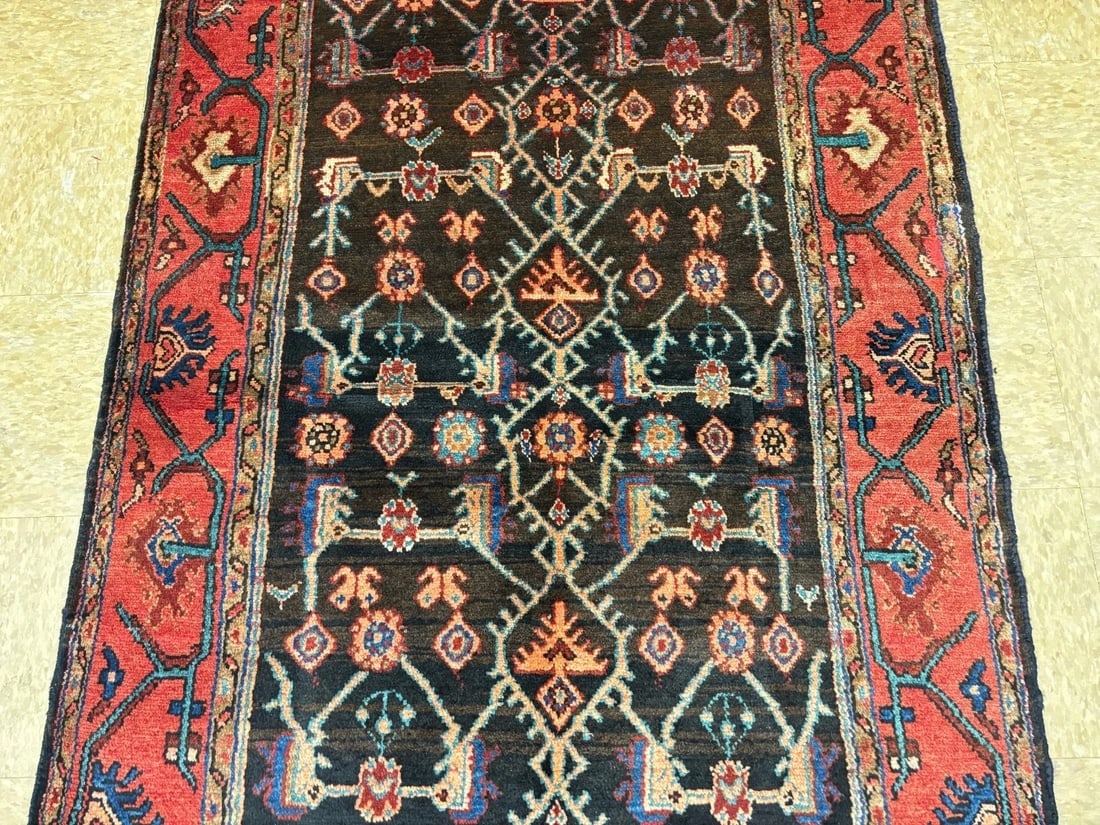 Hand-Knotted Persian Hamedan Wool Rug, Navy Geometric, 3'9" x 5'7" - 4