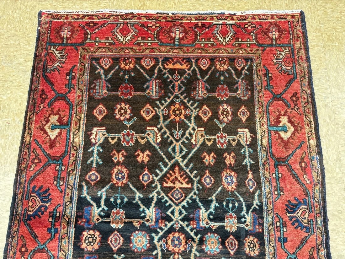 Hand-Knotted Persian Hamedan Wool Rug, Navy Geometric, 3'9" x 5'7" - 5