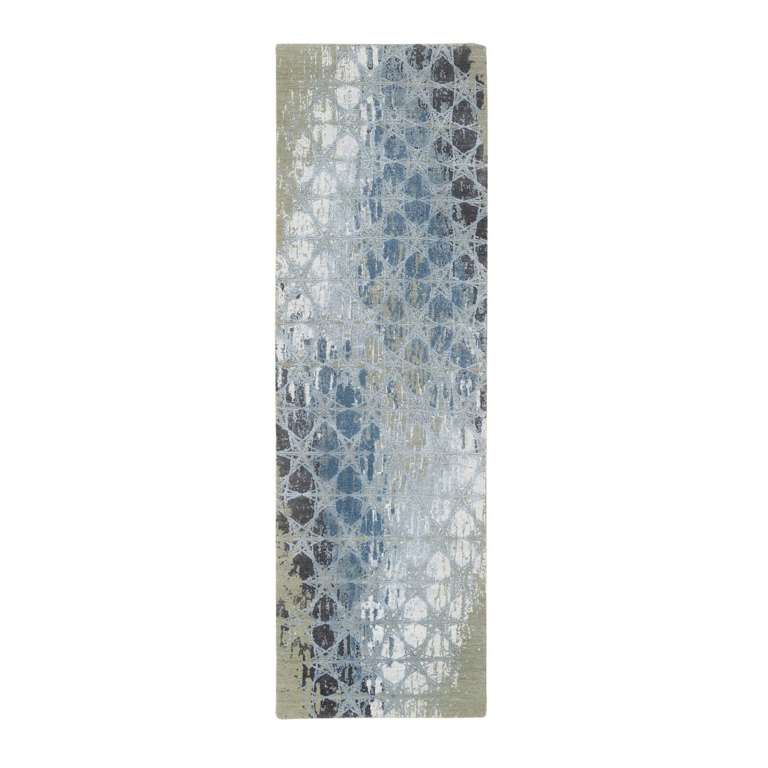 Gray, Hand Knotted Wool and Silk, THE HONEYCOMB Design Runner Rug: Title: Gray, Hand Knotted Wool and Silk, THE HONEYCOMB Design Runner RugDescription:This is a truly genuine one-of-a-kind. It has been Knotted for months and months in the centuries-old weaving