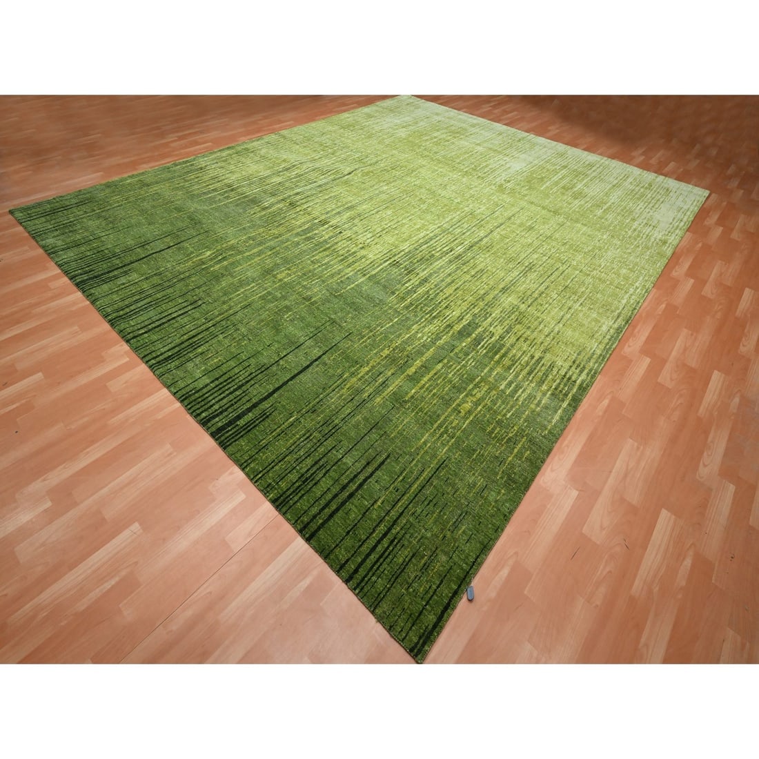 Moss Green Vertical Ombre Design Hand Knotted Pure Wool Oriental Rug - 3