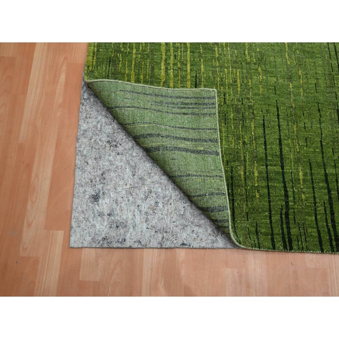 Moss Green Vertical Ombre Design Hand Knotted Pure Wool Oriental Rug - 4