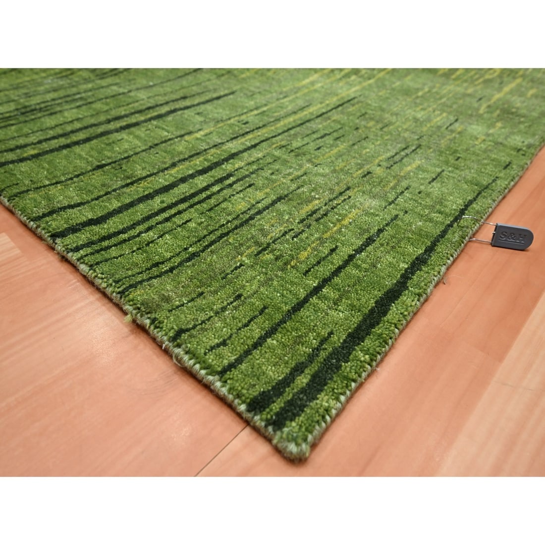 Moss Green Vertical Ombre Design Hand Knotted Pure Wool Oriental Rug - 6