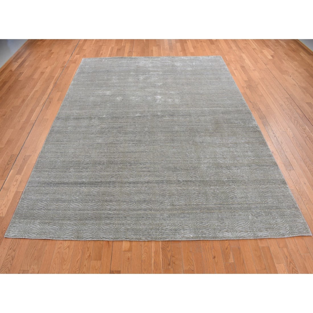 Olive Green, Tone on Tone Leaf Design, Silk with Wool Hand Knotted Rug - 2