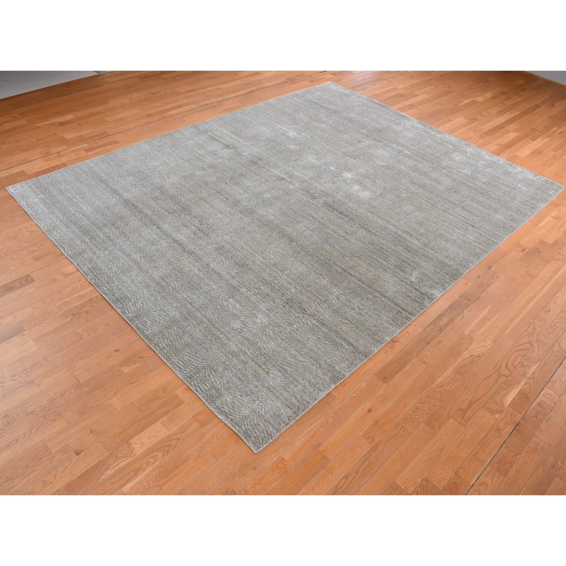 Olive Green, Tone on Tone Leaf Design, Silk with Wool Hand Knotted Rug - 3