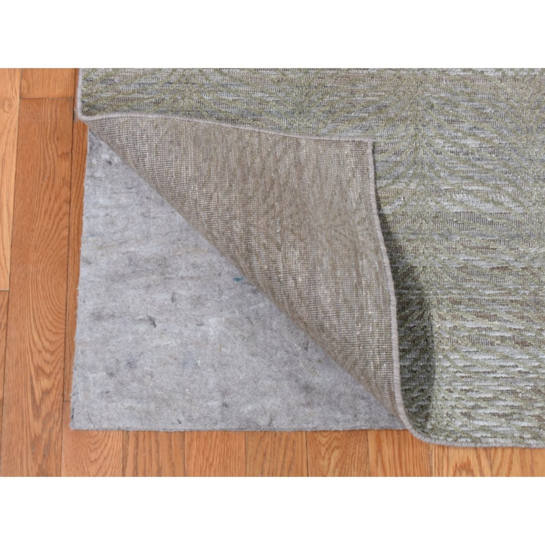 Olive Green, Tone on Tone Leaf Design, Silk with Wool Hand Knotted Rug - 4