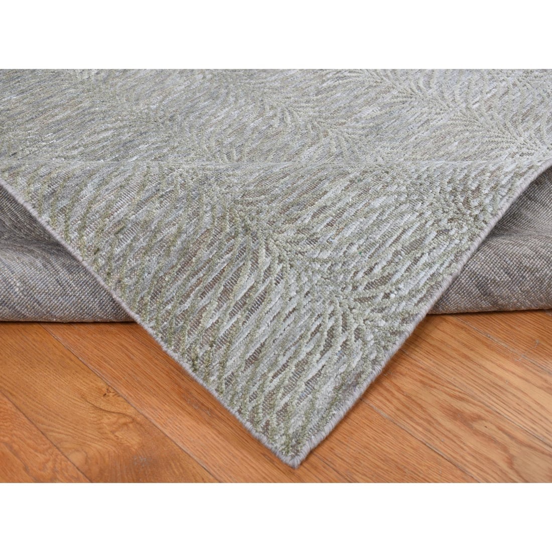 Olive Green, Tone on Tone Leaf Design, Silk with Wool Hand Knotted Rug - 5
