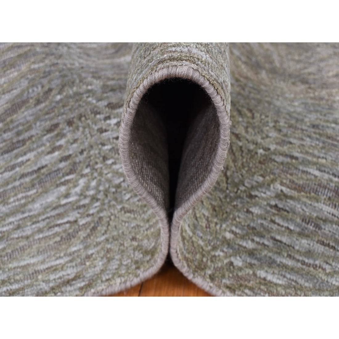 Olive Green, Tone on Tone Leaf Design, Silk with Wool Hand Knotted Rug - 6